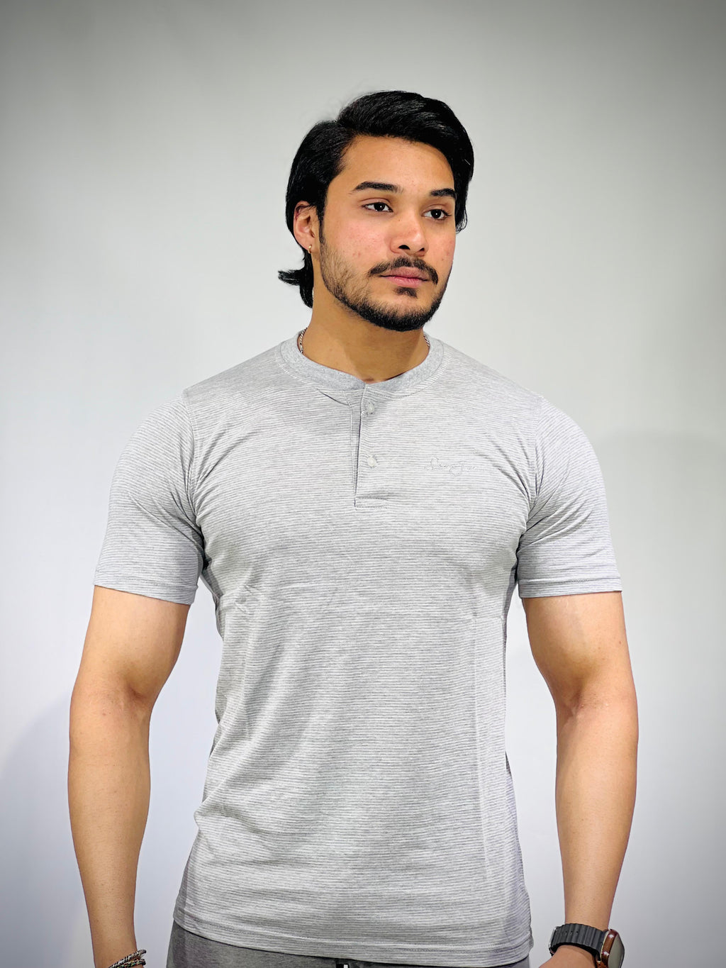 Grey Striped Cotton T-Shirt